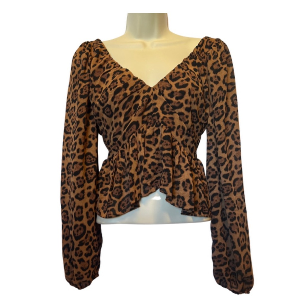 H&M womens cheetah print long sleeve crop peplum blouse